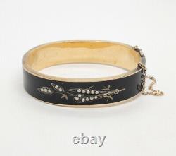Antique Victorian Black Enamel & Pearl Mourning Bangle Bracelet 14k Yellow Gold