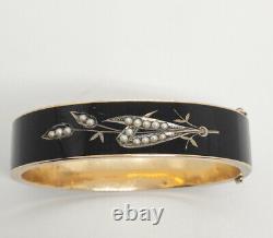 Antique Victorian Black Enamel & Pearl Mourning Bangle Bracelet 14k Yellow Gold