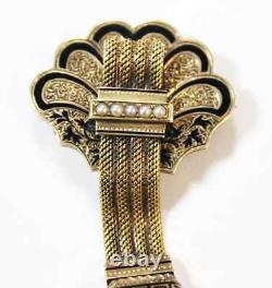 Antique Victorian Brooch 14k Gold Tassel Pin Black Enamel & Seed Pearls