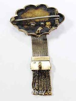Antique Victorian Brooch 14k Gold Tassel Pin Black Enamel & Seed Pearls