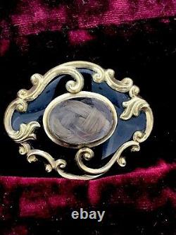Antique Victorian Brooch Gold Mourning Enamel glassed hair writings C1857 Rare