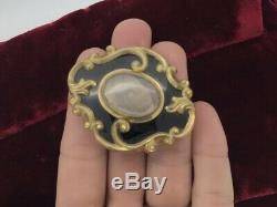 Antique Victorian Brooch Gold Mourning Enamel glassed hair writings C1857 Rare