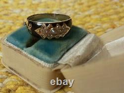 Antique Victorian/Edwardian gold seed pearl diamond mourning ring black enamel