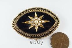 Antique Victorian English 15k Gold Onyx Pearl & Black Enamel Mourning Brooch