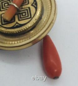 Antique Victorian Gold Filled Black Enamel Red Coral Dangle Pin