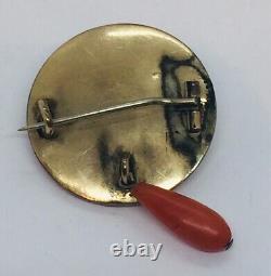 Antique Victorian Gold Filled Black Enamel Red Coral Dangle Pin