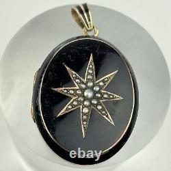 Antique Victorian Gold Mounted Black Enamel Pearl Celestial Star Locket 4.7cm