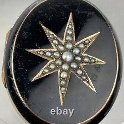 Antique Victorian Gold Mounted Black Enamel Pearl Celestial Star Locket 4.7cm