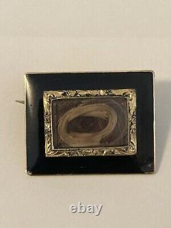 Antique Victorian Mourning Brooch, Hair center 14k Gold & Black Enamel Pin 6gms