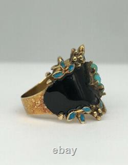 Antique Victorian Natural Persian Turquoise & Black Enamel 14k Yellow Gold Ring