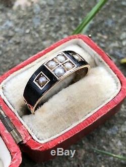Antique Victorian Pearl Black Enamel Band Ring Yellow Gold