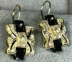 Antique Victorian Pierced 18K Yellow Gold Diamond Black Onyx Dangle Earrings