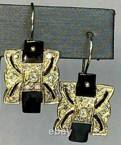 Antique Victorian Pierced 18K Yellow Gold Diamond Black Onyx Dangle Earrings
