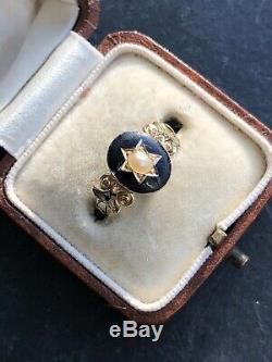 Antique Victorian Yellow Gold Black Enamel And Pearl Star Mourning Ring Locket
