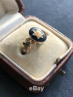 Antique Victorian Yellow Gold Black Enamel And Pearl Star Mourning Ring Locket