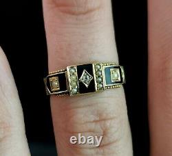 Antique Victorian diamond mourning ring, 15ct gold, black enamel and seed pearl
