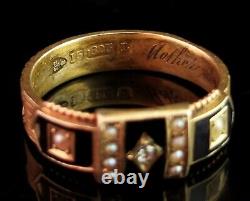 Antique Victorian diamond mourning ring, 15ct gold, black enamel and seed pearl