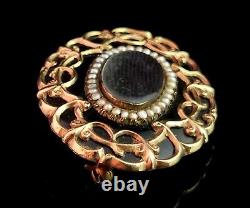 Antique Victorian mourning brooch, 9ct gold, black enamel and seed pearl