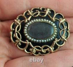 Antique Victorian mourning brooch, 9ct gold, black enamel and seed pearl