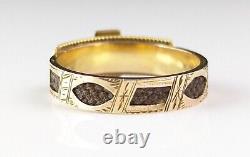 Antique Victorian mourning ring, Black enamel, Pearl, 9ct gold and hairwork