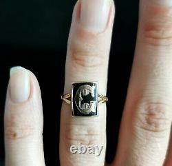 Antique Victorian mourning ring, initial C, 9ct Rose gold, black enamel