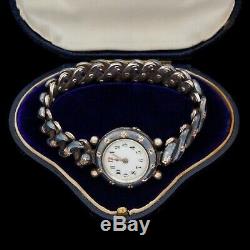 Antique Vintage Nouveau 14k Rose Gold Sterling Silver German Niello Wrist Watch
