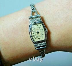 Antique Waltham Hadsworth Women's Wristwatch Enamel 14k White Gold Case 1i 33