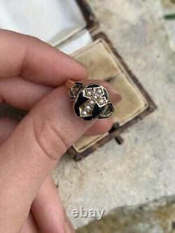 Antique Yellow Gold Pearl Cross Black Enamel Mourning Ring