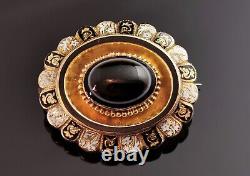 Antique banded agate mourning brooch, 9ct gold, Black enamel and White enamel, V