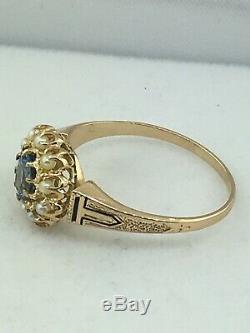 Antique (ca. 1895) 14K Yellow Gold Aquamarine Seed Pearl Ring with Black Enamel