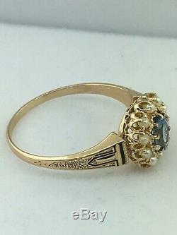 Antique (ca. 1895) 14K Yellow Gold Aquamarine Seed Pearl Ring with Black Enamel