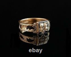 Antique mourning ring, Victorian 15ct gold, pearl and diamond, black enamel