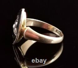 Antique navette Mourning Ring, black enamel and pearl, Ivy leaf, 9ct yellow gold