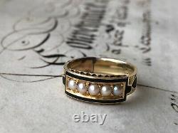 Antique yellow gold And Black Enamel Mourning Ring Set With Natural Pearls