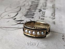 Antique yellow gold And Black Enamel Mourning Ring Set With Natural Pearls