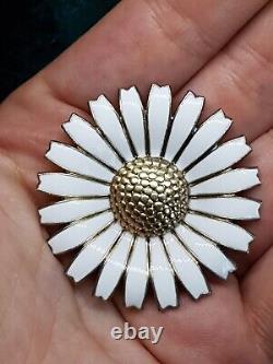 Anton Michelsen Vintage Daisy Brooch in Gilded Sterling Silver and White Enamel