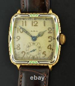 Art Deco Elgin E-12 14k Gold Filled Enamel Two Tone Wadsworth 17 Jewel Watch