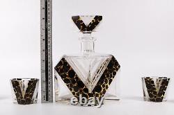 Art Deco Glass Decanter Set Black and Gold Enamel by Karl Palda Circa 1930