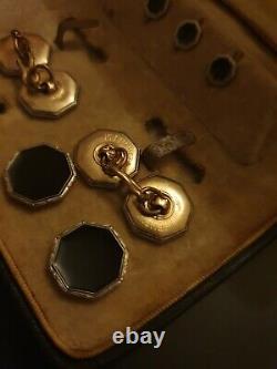 Art Deco Krementz Platinum & Gold Filled Inlay Rim Cufflink Set Black Enamelling