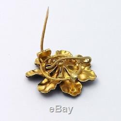 Art Nouveau 14K Gold Black Enamel Flower Mourning Watch Pin Brooch 9.3gr