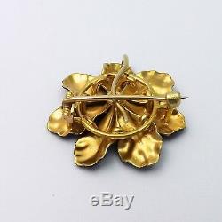 Art Nouveau 14K Gold Black Enamel Flower Mourning Watch Pin Brooch 9.3gr