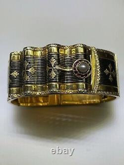 Art Nouveau (ca. 1895) 18K Yellow Gold Ruby Pearl Bracelet with Black Enamel-6 7/8