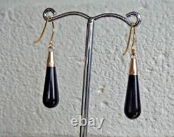 Attractive 9ct Yellow Gold Onyx Drop Dangly 375 Pierced Earrings Hooks