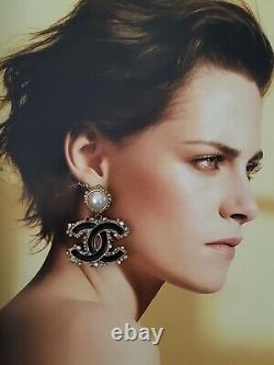 Auth. Chanel 12a Drop Dangle Pierced Earrings Gold Black Enamel, Peals Crystals