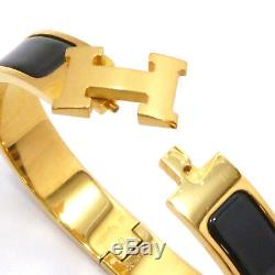 Auth HERMES Clic Clac PM Enamel Black Gold Tone Brass Bangle Bracelet #S109035