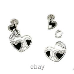 Auth ROBERTO COIN 18K White Gold Diamonds & Black Enamel Heart Earrings U321