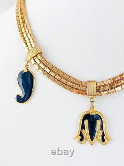 Authentic Balenciaga Paris Gold Tone Vintage Three Charm Necklace Black Enamel