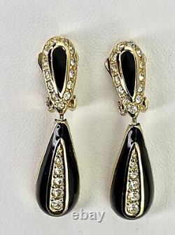 Authentic Christian Dior Black Enamel Gold Tone Rhinestone Teardrop Pear Earring