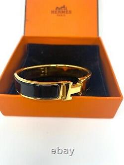 Authentic Hermes Clic H Enamel Bracelet Gold Narrow Bangle Black PM BRAND NEW