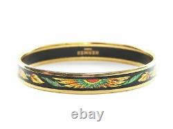 Authentic Hermes Red Yellow Feather Gold Rimmed Black Enamel Bangle